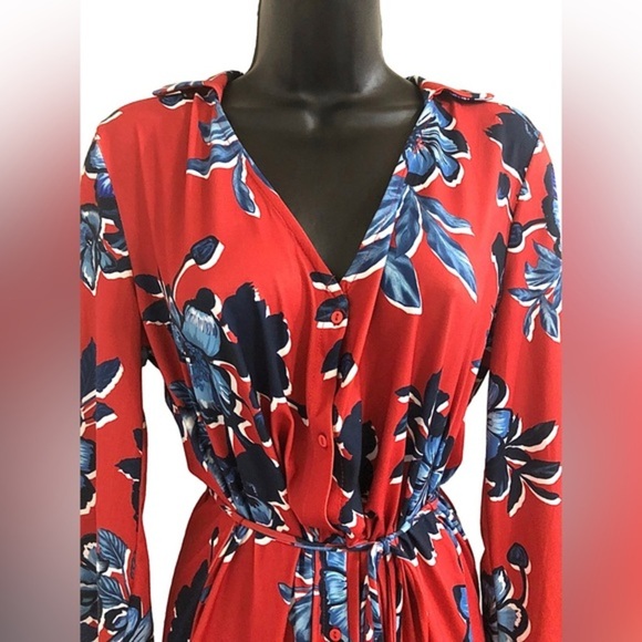 Zara red & blue floral v-neck button front belted‎ midi dress size small new - Picture 4 of 16